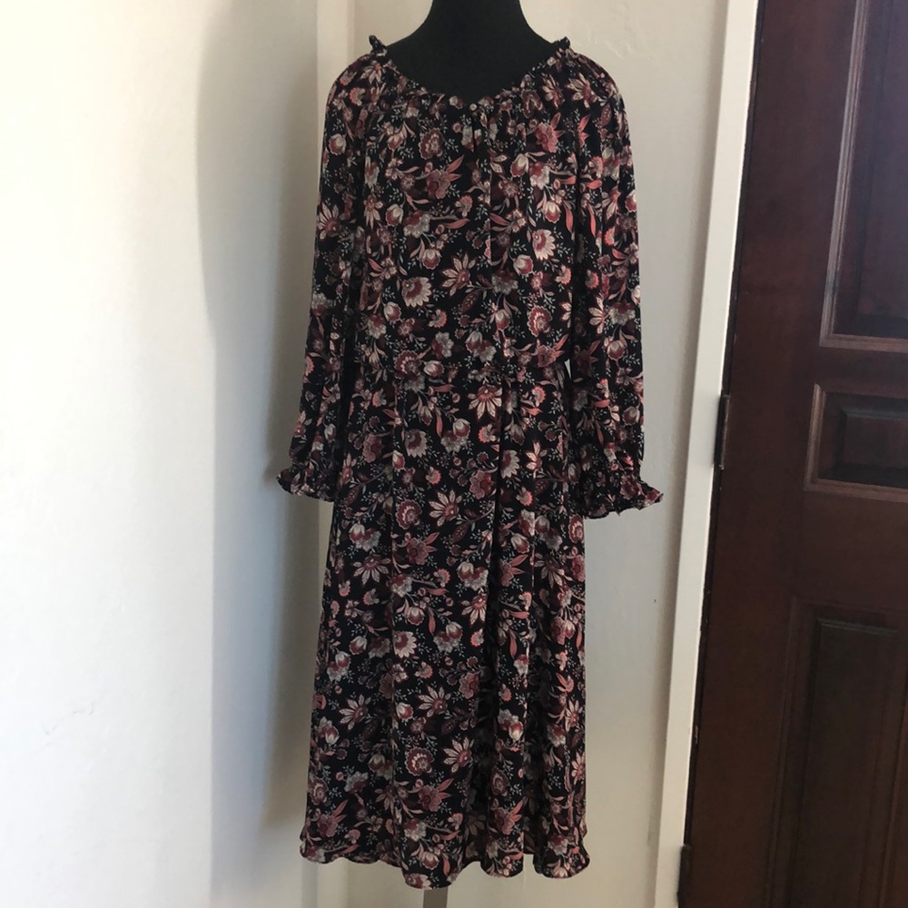 Talbots Black Floral Midi Dress with Pink and Cream Blooms